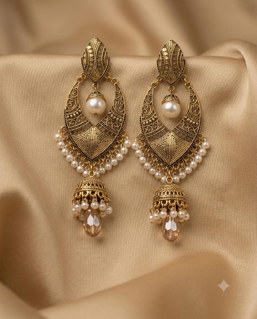 Antique Gold Arch Pearl and Crystal Jhumka Earrings