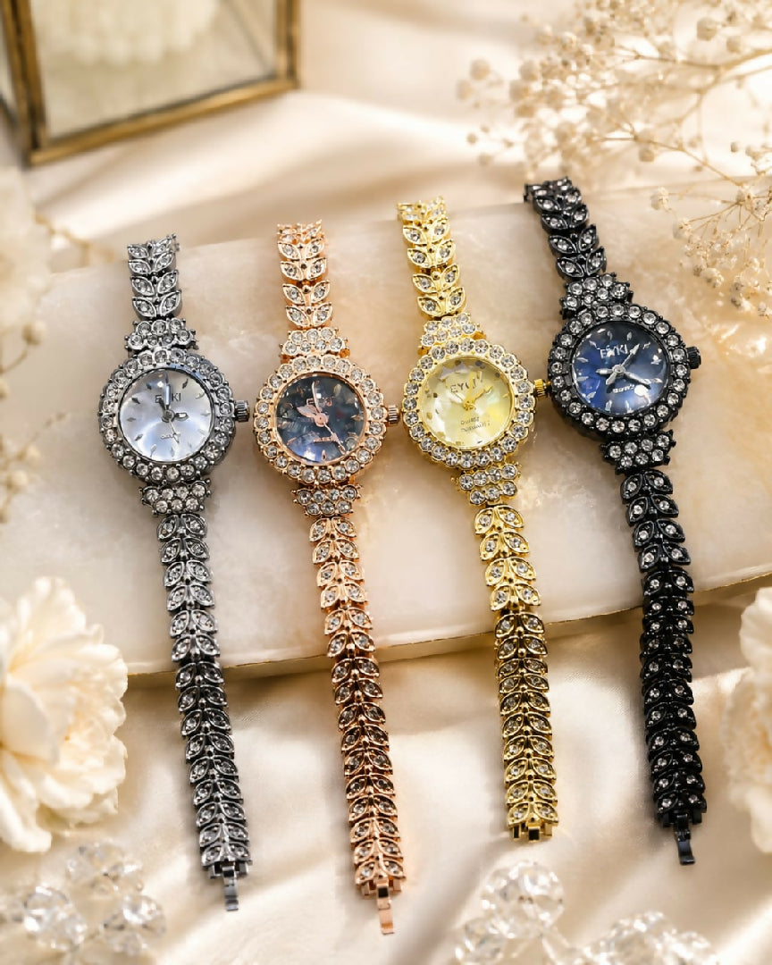 Luxury Crystal Leaf Design Women Bracelet Watch Elegant Rhinestone Quartz Wrist Watch