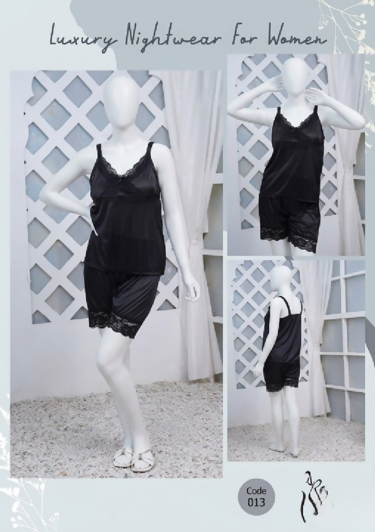 Womens Silk Nightwear Set with Black Lace 2 Piece Cami Top Shorts Sleepwear Free Size