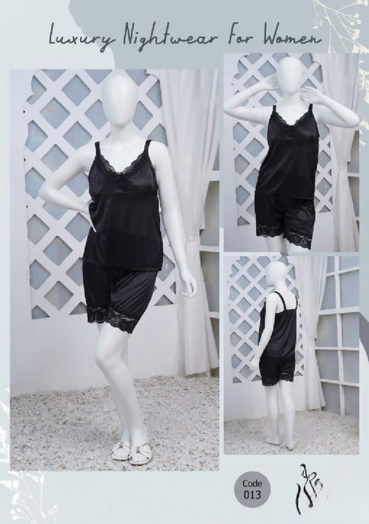 Womens Silk Nightwear Set with Black Lace 2 Piece Cami Top Shorts Sleepwear Free Size