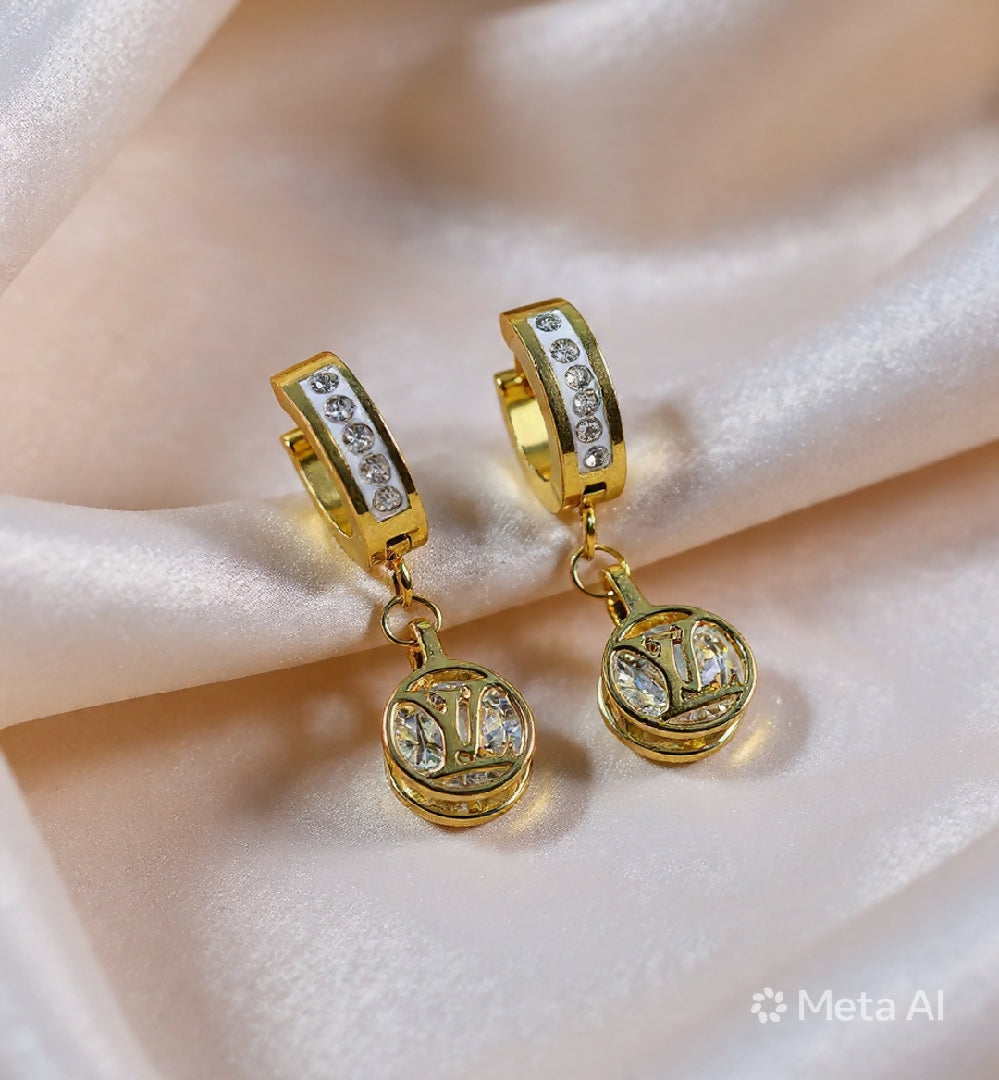 Chic Designer-Inspired Drop Earrings – Gold Finish and Sparkling Medallions