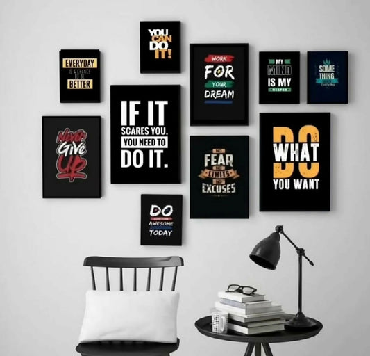 Modern 10 Piece Yellow And Black Motivational Wall Art Set Wooden MDF Sticky Phototile Frames - Double Tape Included