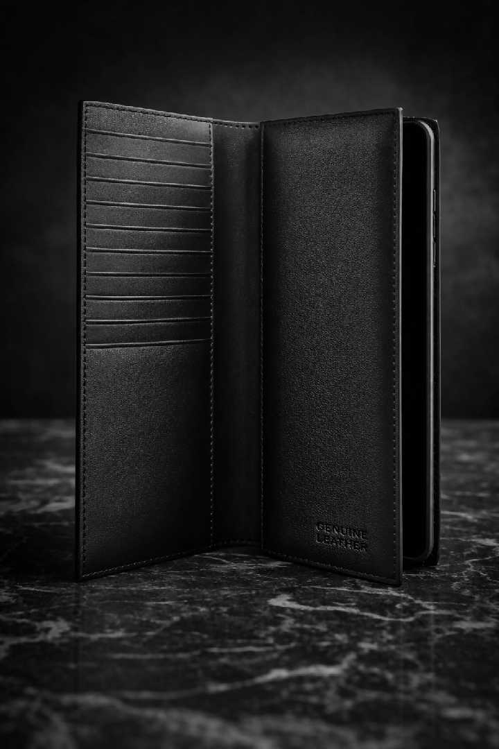Premium Genuine Leather Long Wallet For Men Women Black