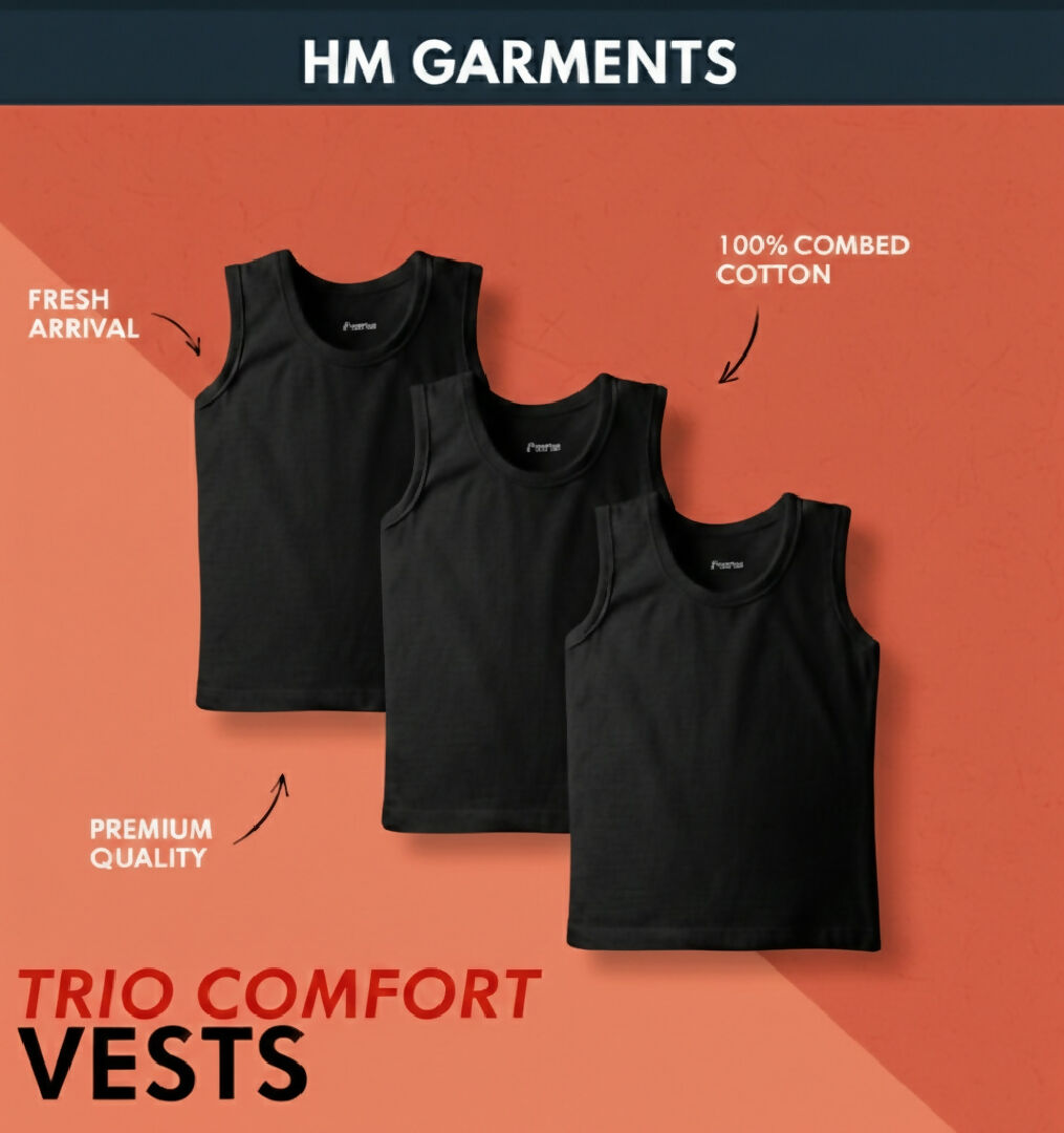 Premium Black Sleeveless Vest Pack of 3 Combed Cotton