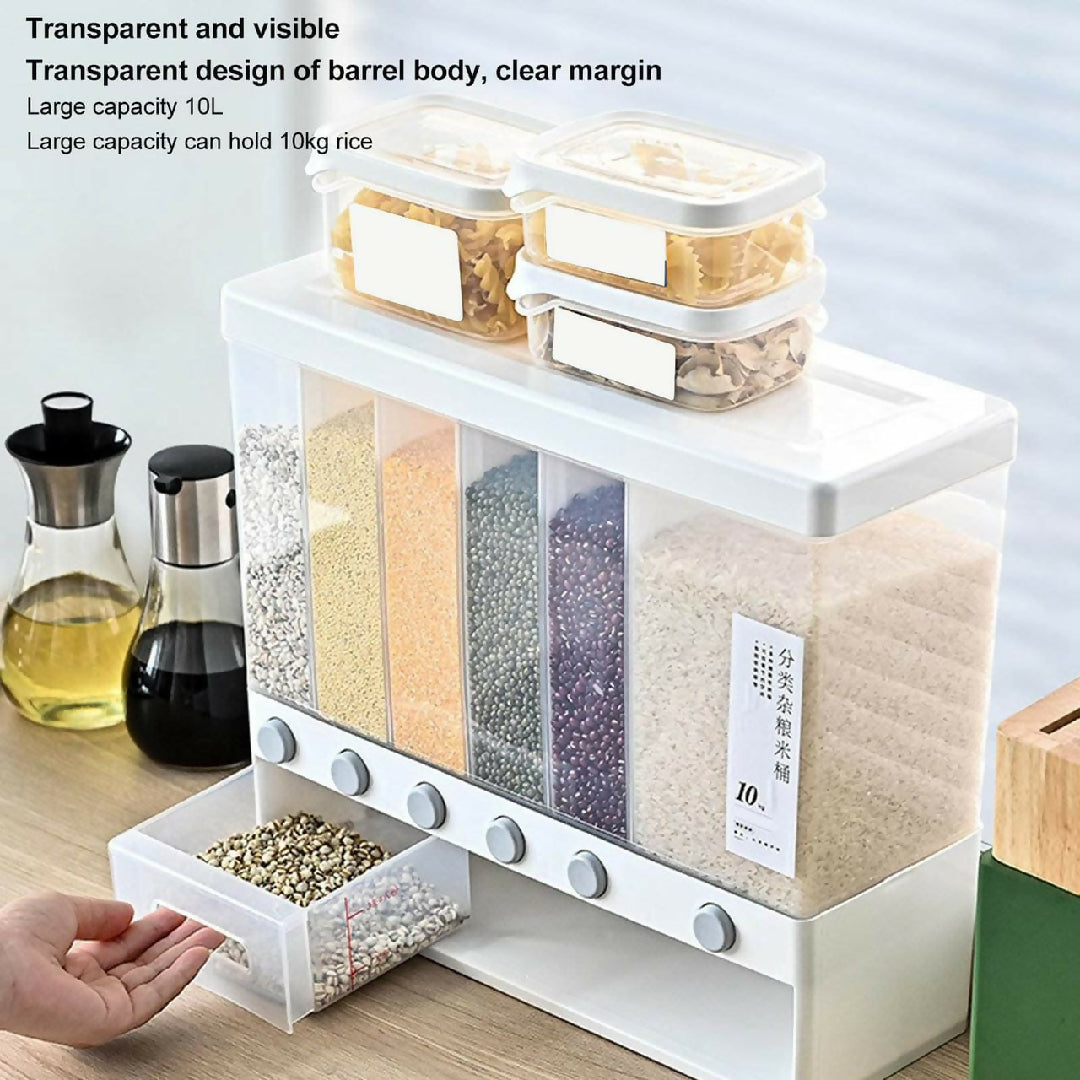 Rice Dispenser Wall Mounted 6 Grid Dry Food Dispenser Large Cereal Dry Food Storage Containers for Storage Rice Grains Nuts Beans Candy Laundry Dispenser for Kitchen Pantry