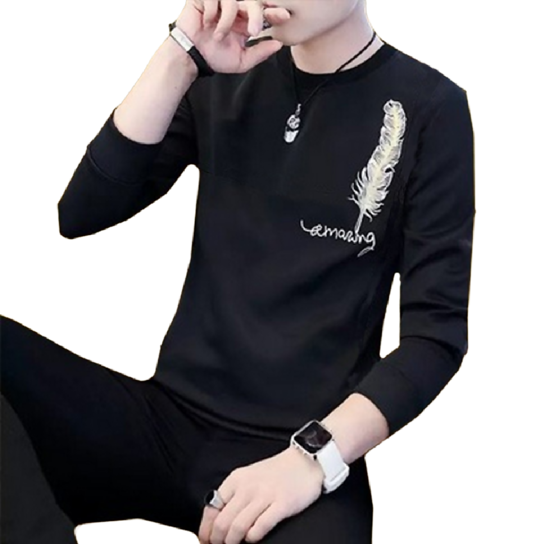 New Collection Mens Stylish Print Full Sleeves T-Shirt Premium Quality Fashionable Design for a Smart Look Black Leaf Print T-Shirt L