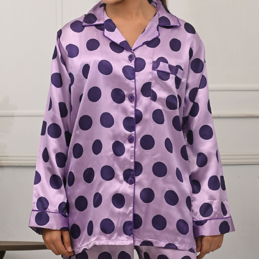 Womens Purple Polka Dot Satin Nightwear Pajama Set – Soft Button-Down Silk Feel Sleepwear