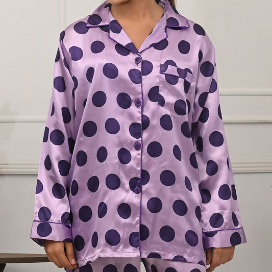 Womens Purple Polka Dot Satin Nightwear Pajama Set – Soft Button-Down Silk Feel Sleepwear