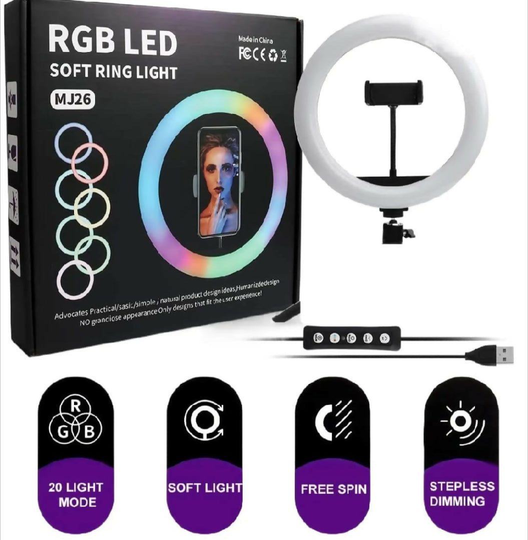 RGB Ringlight 26 CM MJ26 With Mobile Holder Adjustable Lighting For Photography Video Recording Makeup And Live Streaming With Stand 7 Feet