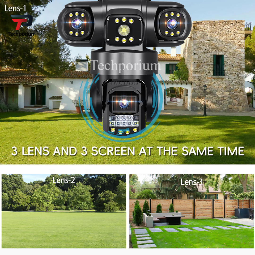 Smart 12MP WiFi 6K Ultra HD 3 Lens IP CCTV Camera PTZ Indoor Outdoor Security Camera with 16x Zoom Motion Detection Alarm Alerts Two Way Talk Audio Night Vision V380 Pro App Wireless Network Camera for Home Office Factory Warehouse Farm House