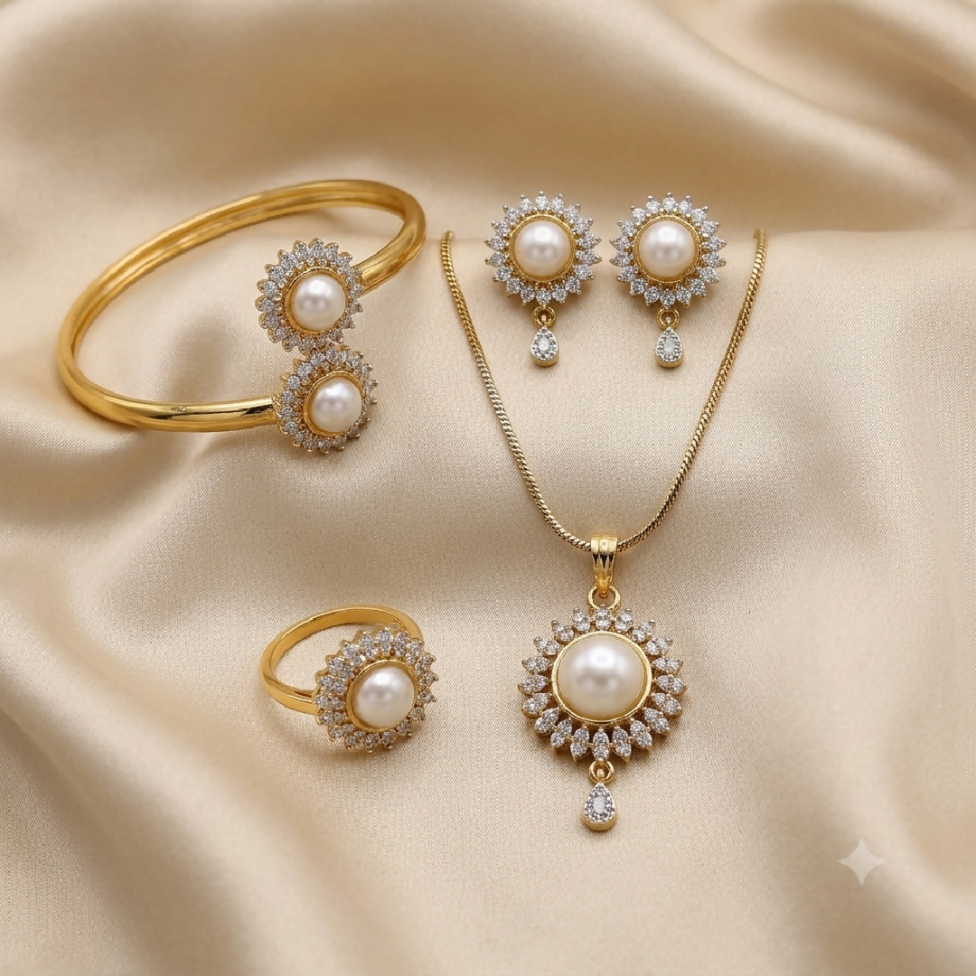Royal Pearl Halo Cubic Zirconia Jewelry Set