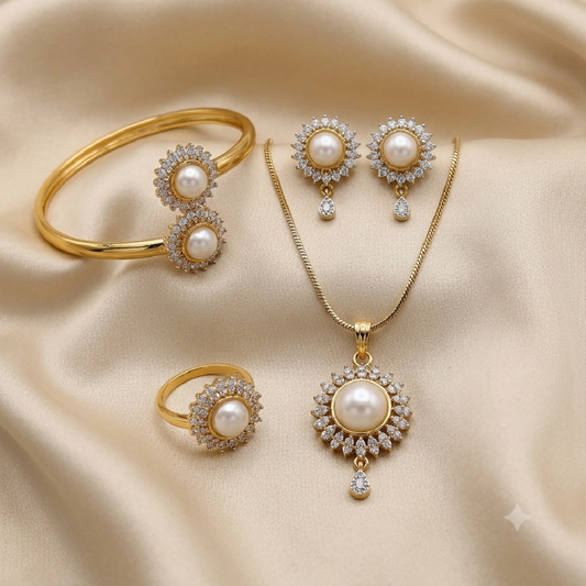 Royal Pearl Halo Cubic Zirconia Jewelry Set