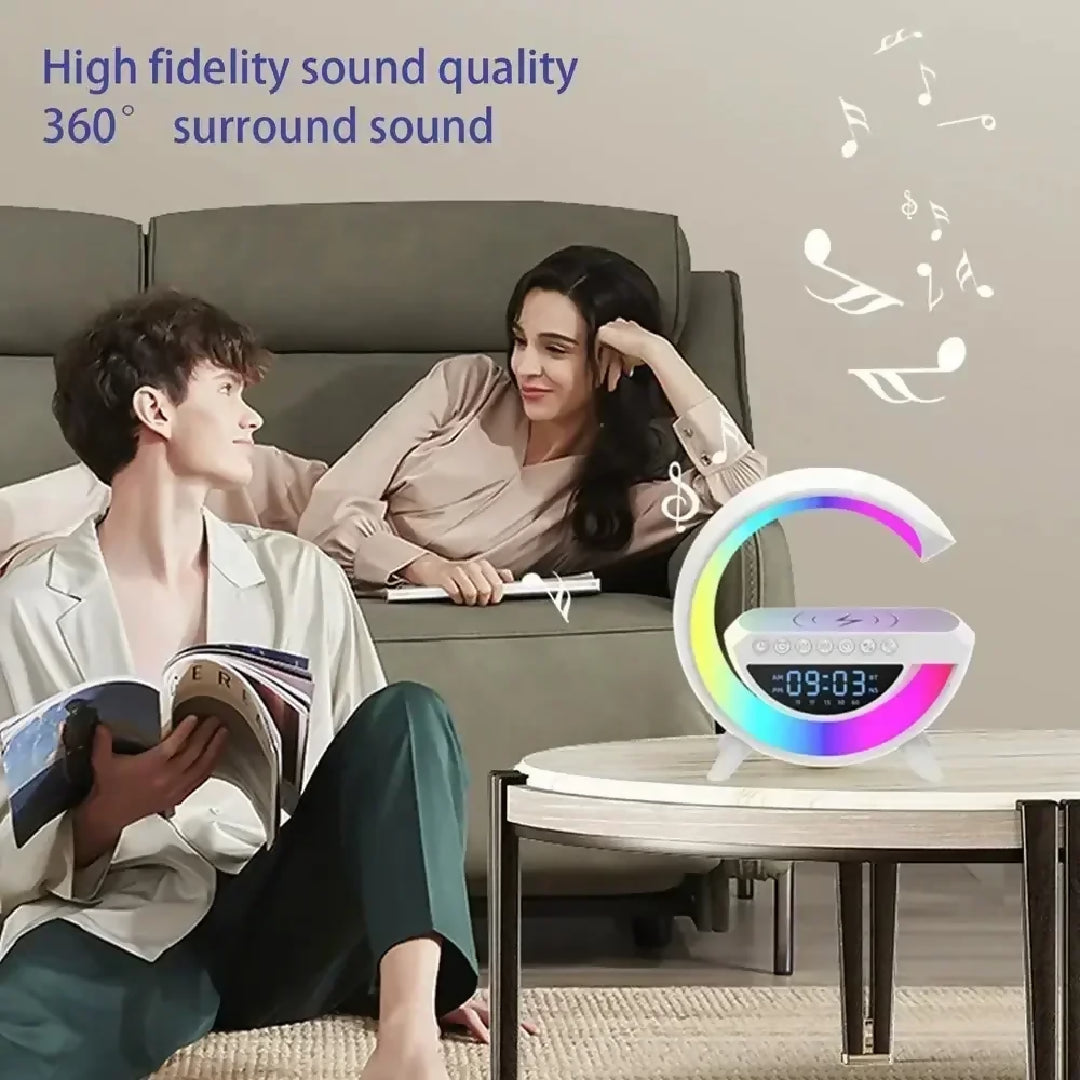 BT-3401 Multi-functional LED Clock Display Speaker G Lamp - LED Wireless Charging Speaker - G-shaped Speaker Light - Bluetooth Mp3 Player - Night Light and Alarm Clock - For Living Room