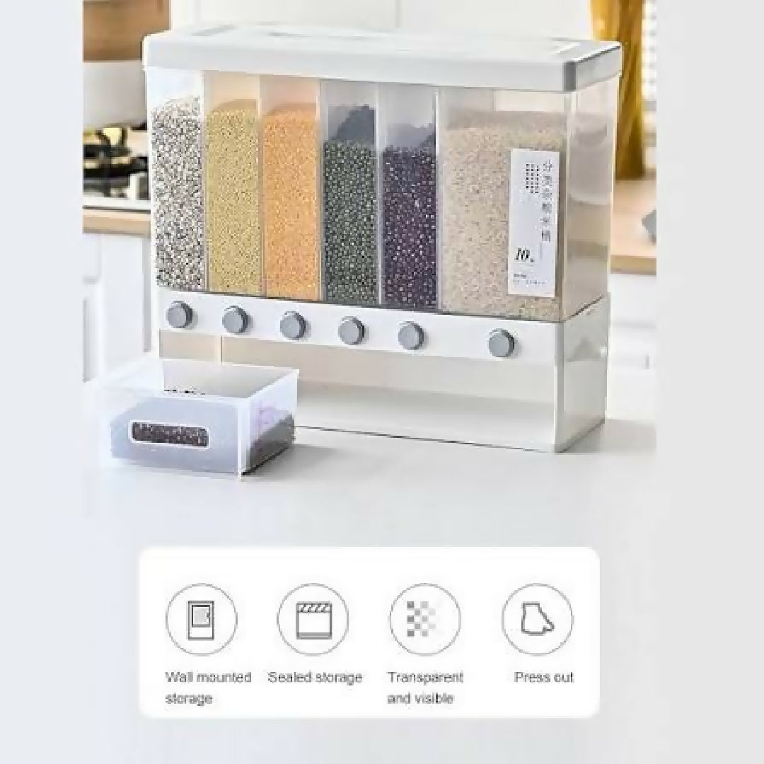 Rice Dispenser Wall Mounted 6 Grid Dry Food Dispenser Large Cereal Dry Food Storage Containers for Storage Rice Grains Nuts Beans Candy Laundry Dispenser for Kitchen Pantry