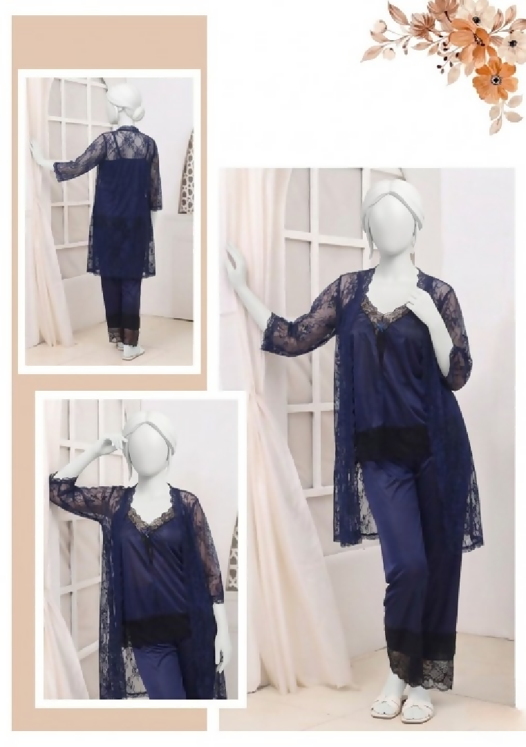3 Pcs Premium Silk Net Black Lace Womens Sleepwear Set Top Trouser Gown Size Free