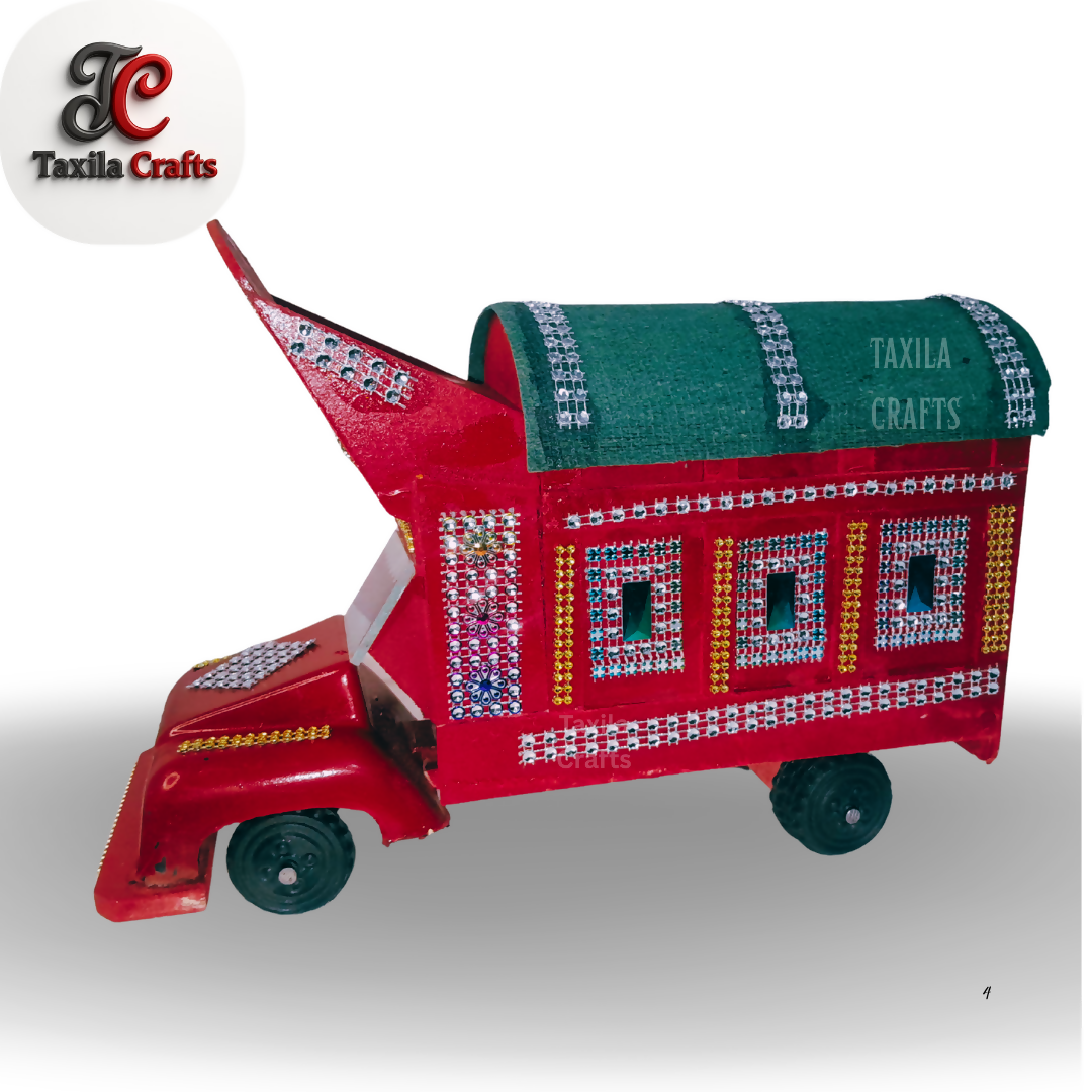Handmade Red Mini Truck Art Decorative Showpiece Wooden Hardboard Model 11 Inch