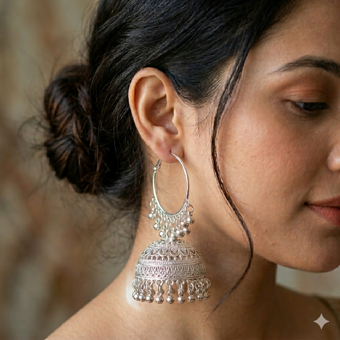 Indian Kashmiri Silver Hoop Jhumkas