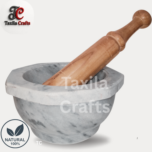 Large Size 8 Inch Octagon Marble Imam Dasta Mortar with 12 Inch Wooden Pestle Stone Grinder