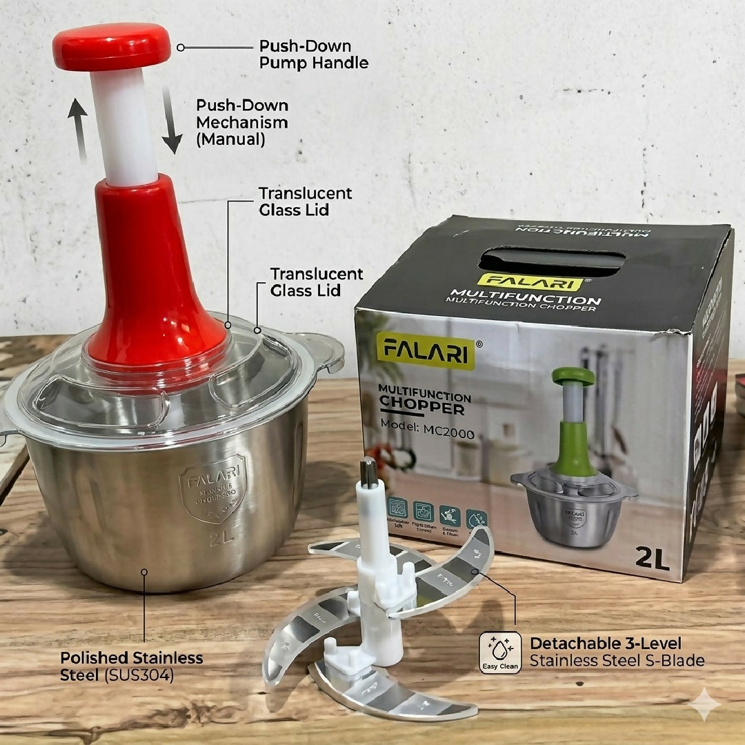 Large 2L Bowl Effortless Vegetable Chopper and Meat Mincer Manual Hand-Press Food Processor