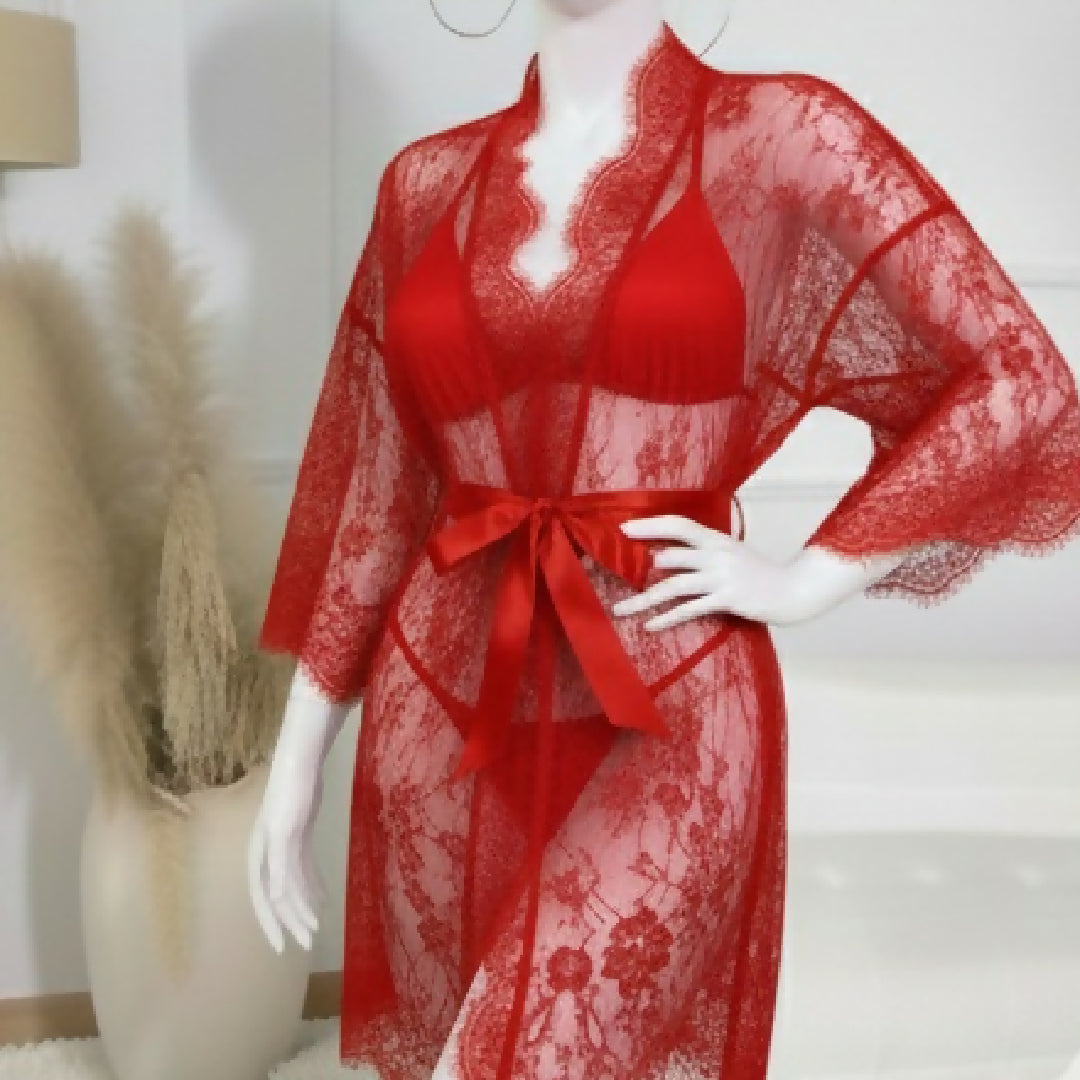3 Piece Net Gown Set with Bra and Panty - Soft Lace Robe Lingerie - Free Size