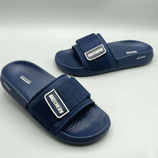Skechers Hyper Burst Men Slides Premium Lightweight Comfort Slippers with Adjustable Strap and Soft Cushioned Sole in Black and Navy Blue