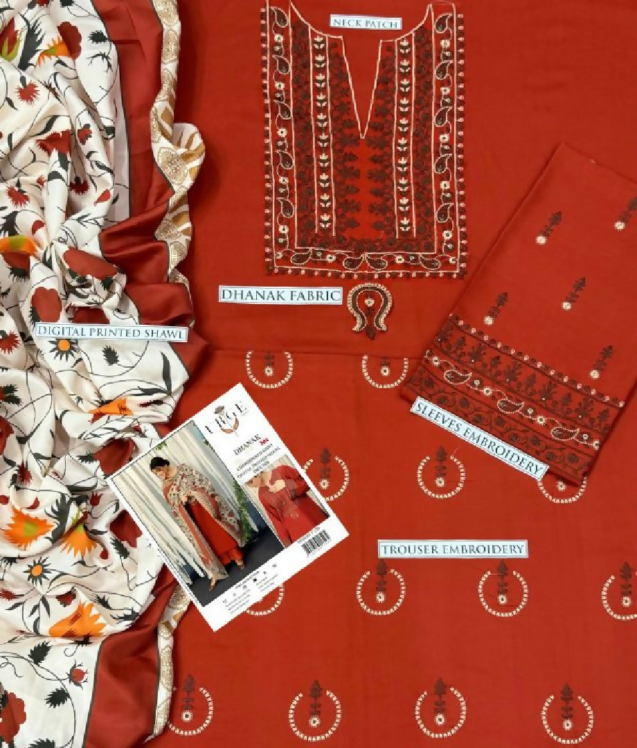3PC Dhanak Embroidered Shirt - Couture Wool Print Shawl and Trouser - TANA-2292