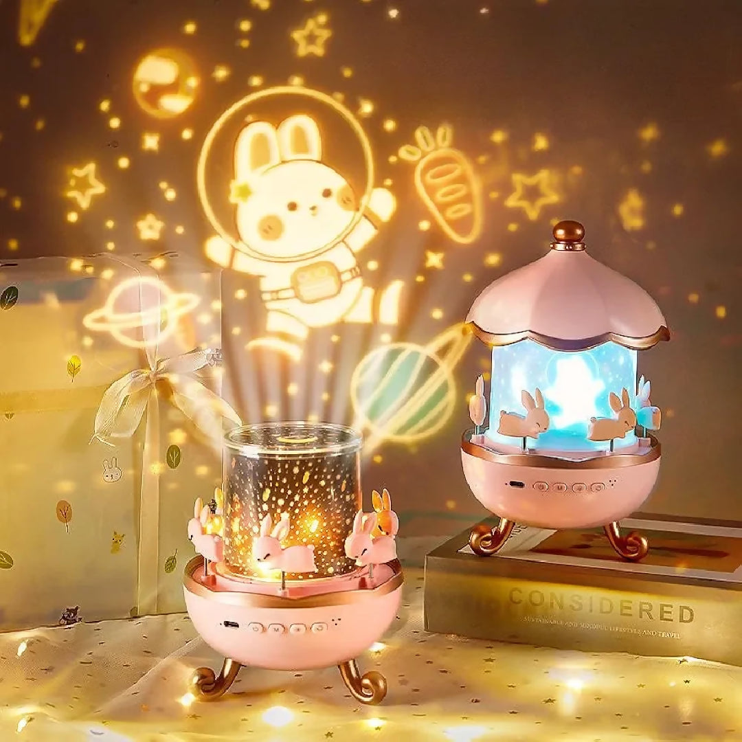 Bunny Carousel Night Light Projector 6 Set Films Rotating LED Lamp Star Projection Light for A Magical Nursery Atmosphere Rotatable Rabbit Night Lamp for Kids Room Decor Bunny Night Light