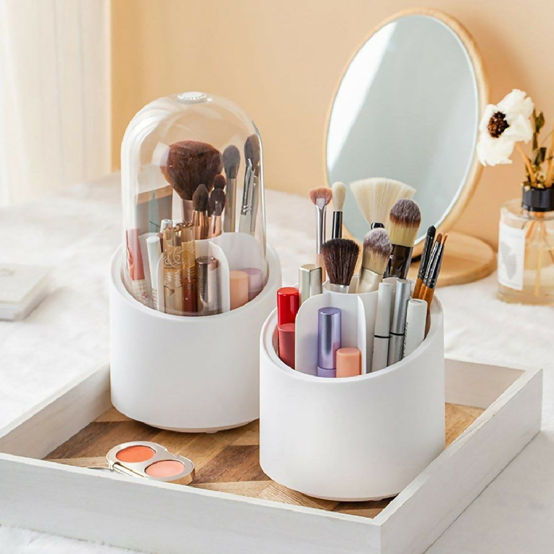 360 Rotating Makeup Brush Storage Box - Desktop Cosmetic Organizer for Brushes Lipsticks Eyebrow Pencils and Beauty Tools