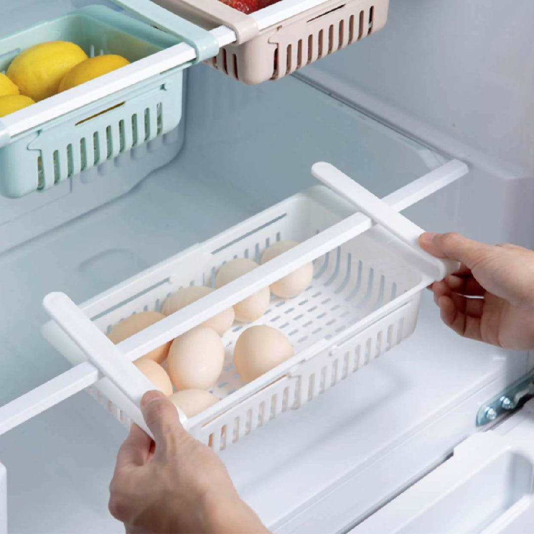 1 PC Adjustable Fridge Storage Basket Expandable Fridge Storage Rack Plastic Fridge Space Saver Food Organizer Tray Refrigerator Pull out Drawers