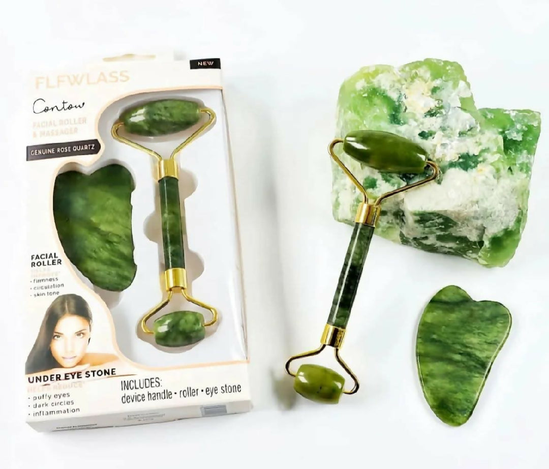 Jade Roller Facial Massager with Gua Sha Tool