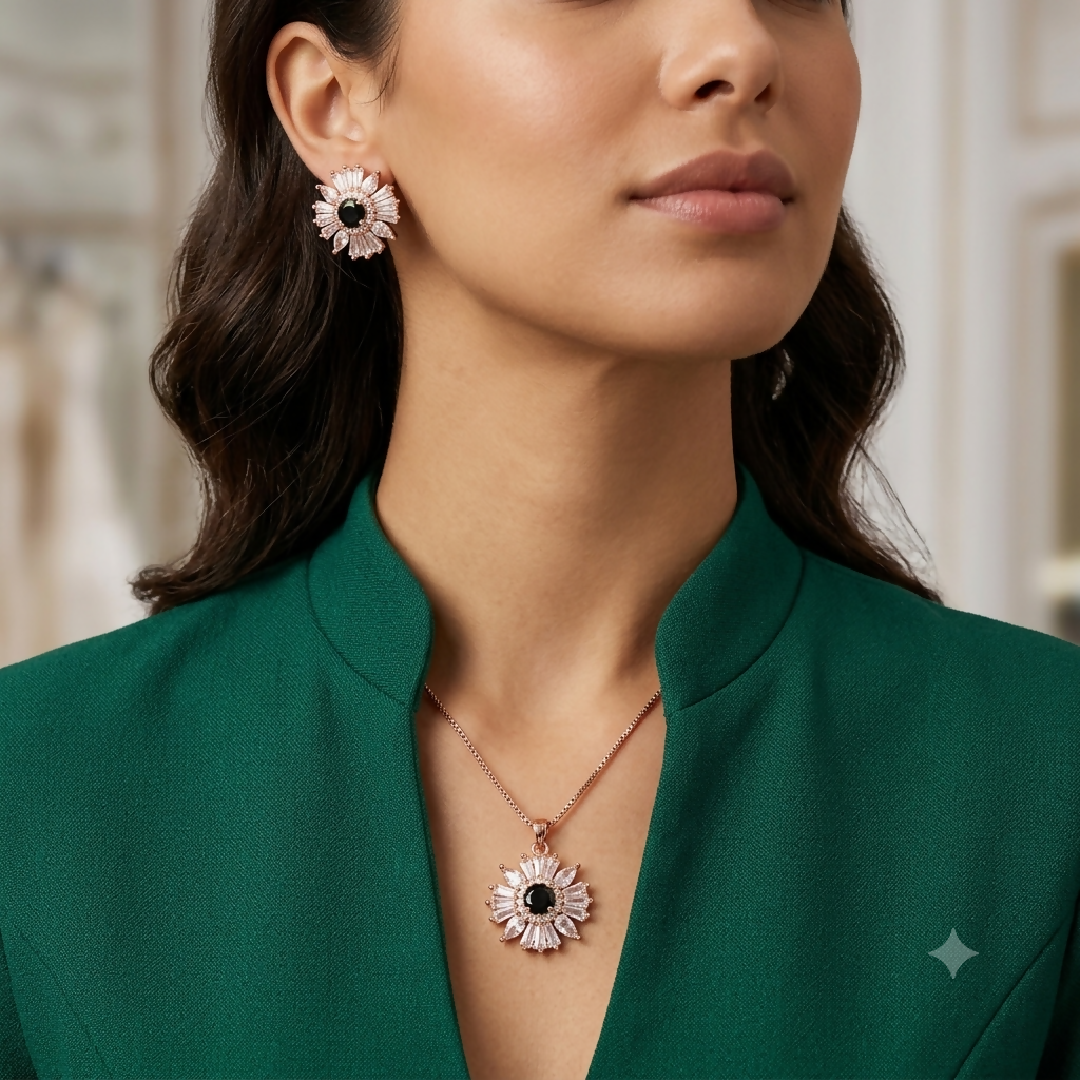 Zircon Midnight Black Sunburst Pendant and Earring Set