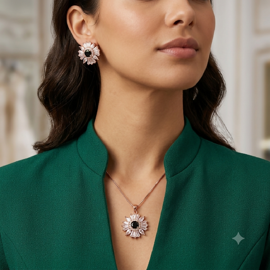 Zircon Midnight Black Sunburst Pendant and Earring Set
