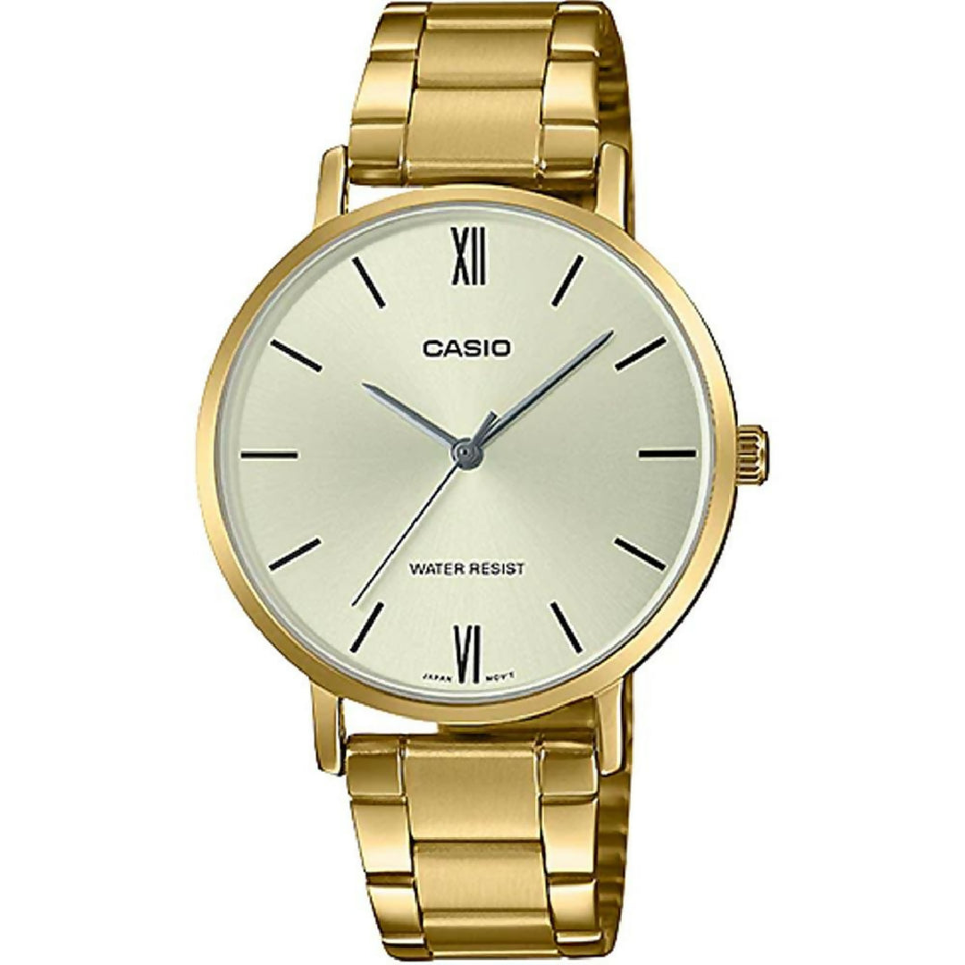 Casio Women Golden Watch with Full Metal Chain Premium Elegant Style white dail