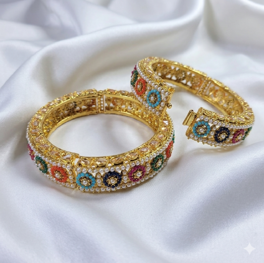 Royal Polki and Multi-Color Meenakari Kada Bangle Set – Pearl-Encrusted Gold-Plated Statement Jewelry