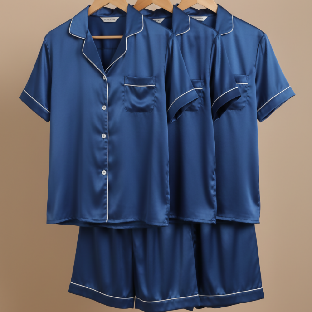 Couple Night Dress Silk Pajama Set - Short Sleeve Shirt and Shorts - 4 Pcs