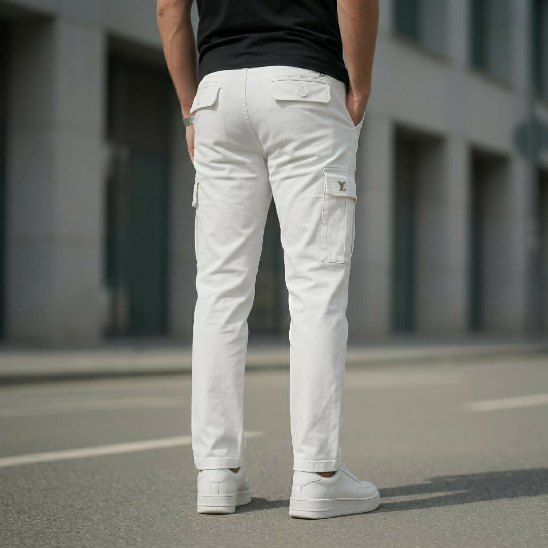 Premium 6 Pocket Cargo Trousers for Men Slim Fit Cotton Lycra Stretchable Pants Stylish Casual Cargo Pant in White and Camel Colors