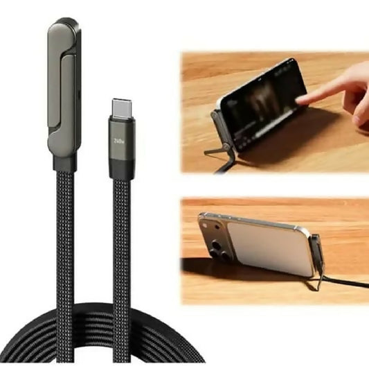 2 in 1 Type-C Fast Charging Cable with Built-in Foldable Mobile Stand Premium Braided Data Cable