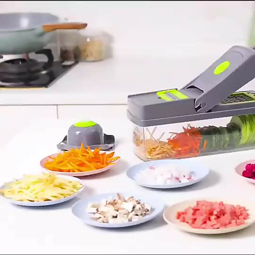 16-In-1 Multifunctional Vegetable Chopper-Slicer with Colander Basket and Storage Container - Heavy Duty Manual Food Cutter