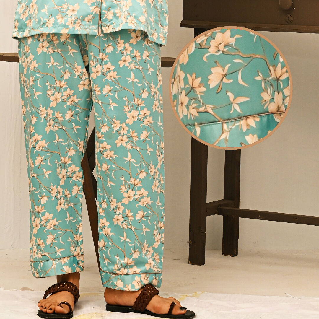 Sky Blue Floral Cotton Night Suit – Womens Comfortable Two-Piece Sleepwear Set