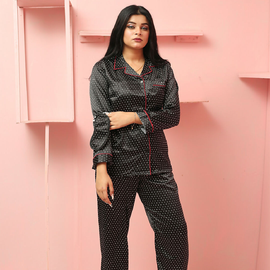 Black Polka Dot Satin Night Suit with Red Piping – Elegant Two Piece Sleepwear Set