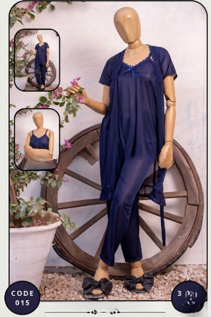 Luxury Silk 3-Piece Nightwear Set for Women Free Size Premium Satin Robe Pajama Suit