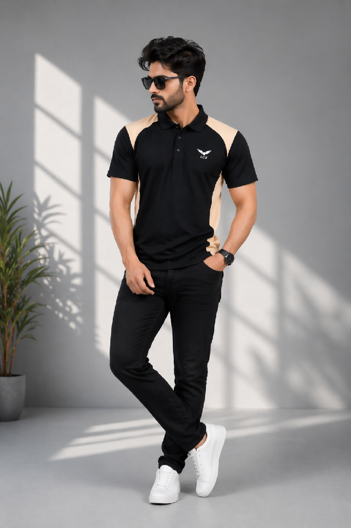 Black Skin Polo T Shirt Textured Knitted Mesh Polyester