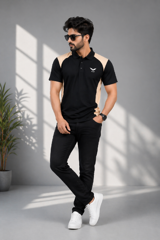 Black Skin Polo T Shirt Textured Knitted Mesh Polyester