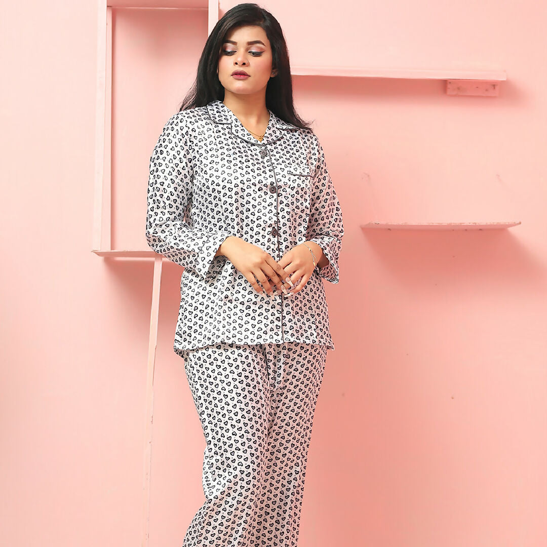 Grey Heart Print Night Suit – Womens Soft and Stylish Two-Piece Loungewear Set