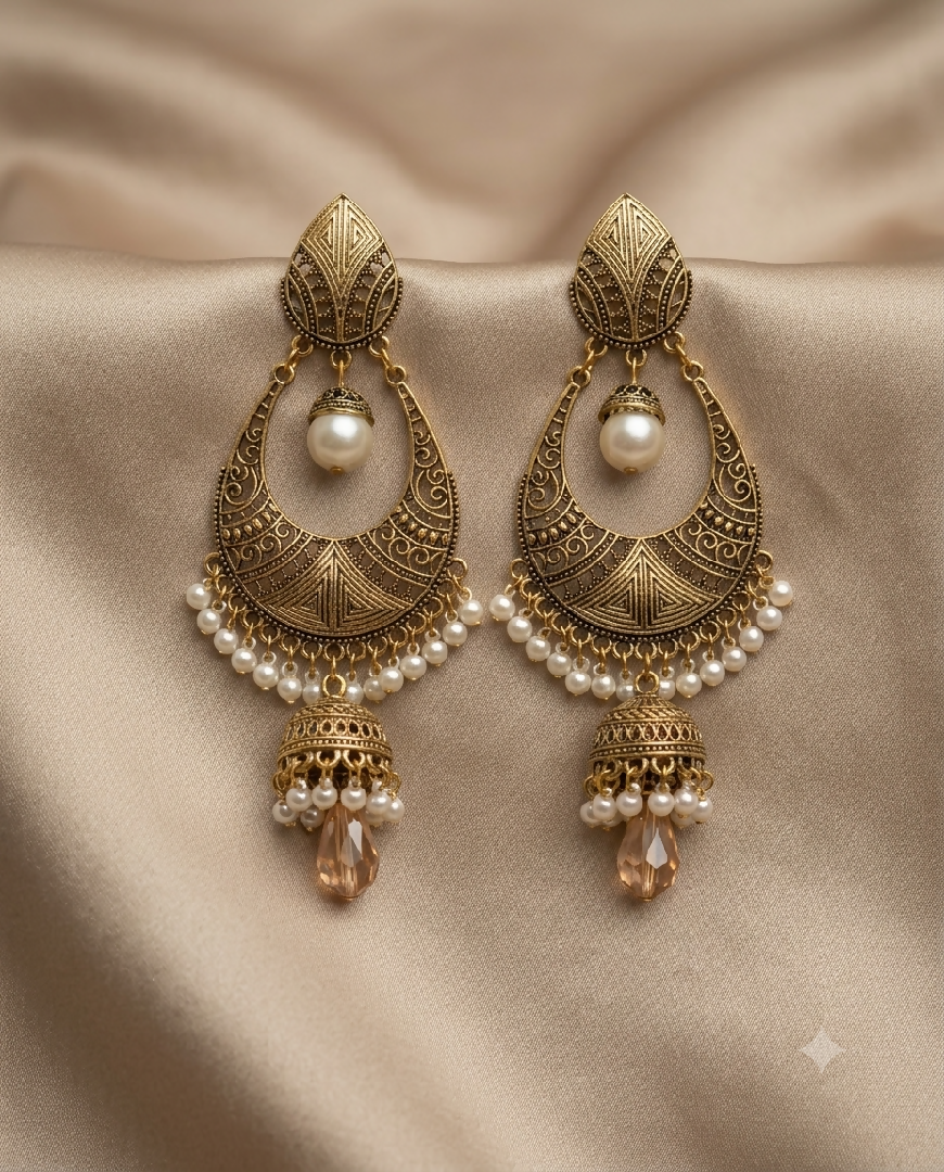 Antique Gold Crescent Pearl and Crystal Drop Earrings