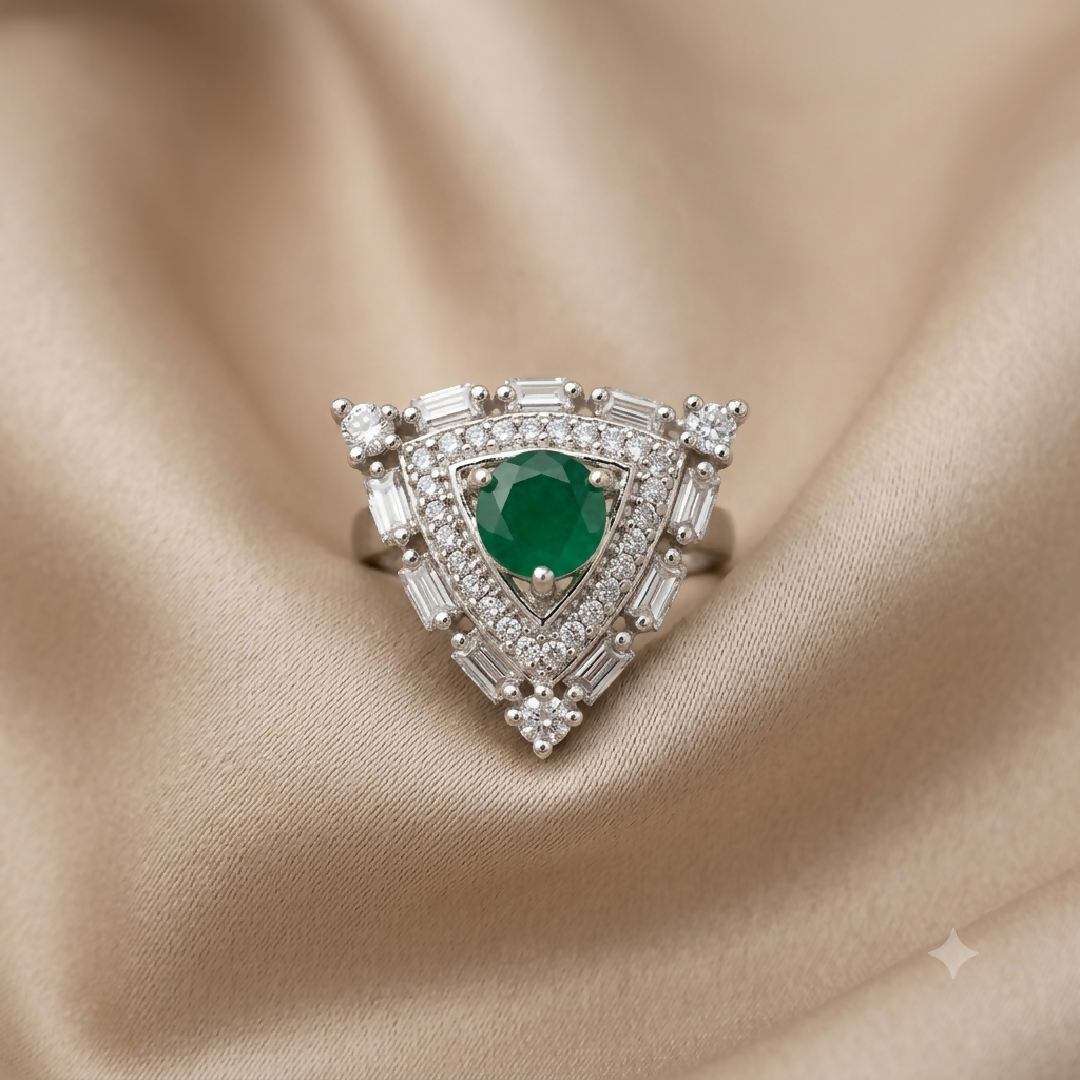 Cubic Zirconia Shield Statement Ring in Silver and Green