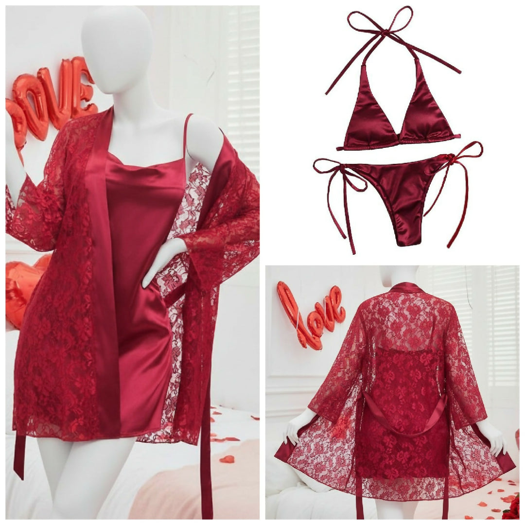 4 Piece Womens Transparent Net Gown Set - Soft Lace Robe with Silk Inner Bra and Panty