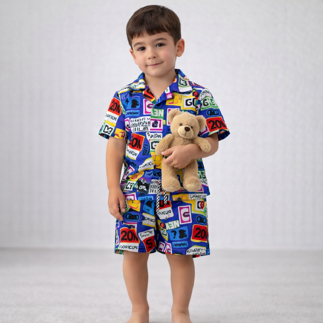 Kids Printed Linen Short Pajama Set