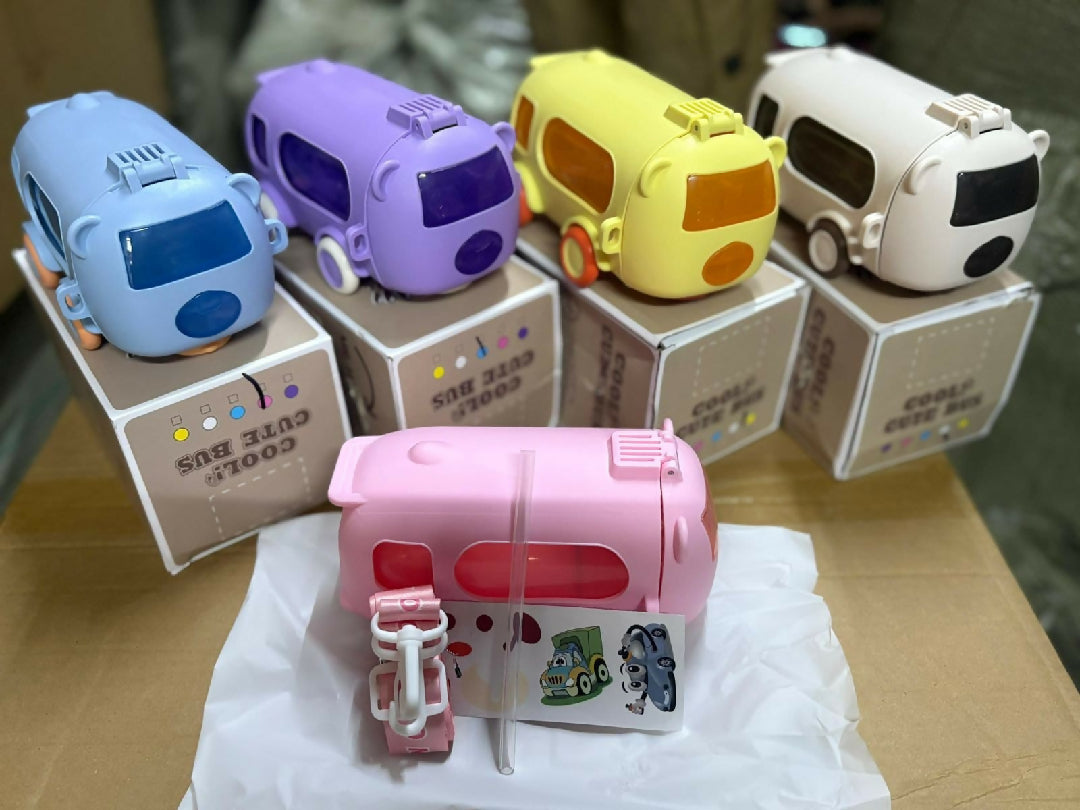 Imported 600ml Bus Water Bottle Kids Cute Bus Shape Strap Sipper Straw Leakproof BPA Free Random Colour