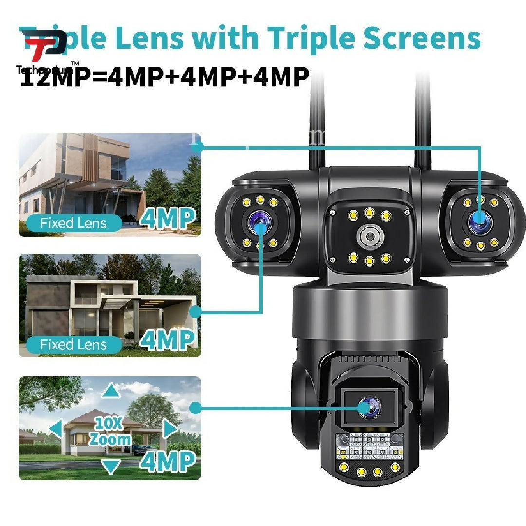 Smart 12MP WiFi 6K Ultra HD 3 Lens IP CCTV Camera PTZ Indoor Outdoor Security Camera with 16x Zoom Motion Detection Alarm Alerts Two Way Talk Audio Night Vision V380 Pro App Wireless Network Camera for Home Office Factory Warehouse Farm House